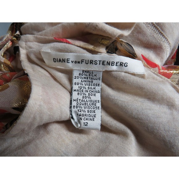 Diane Von Furstenberg Silk Blouse Cream Gold Pink Floral Drawstring, Size 12 - Picture 9 of 13